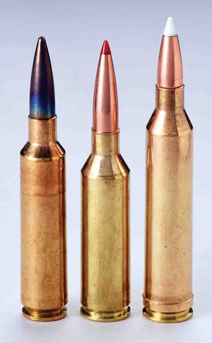 Left to right: The 6.5-284 Norma, 6.5 PRC and .264 Winchester Magnum. The .264 Winchester has a chamber throat setup similar to the .300 Magnum that is large at the case mouth with an immediate taper and no straight section. This throat­­­ is  designed for a cartridge with a short head height and has worked well for hunting cartridges.